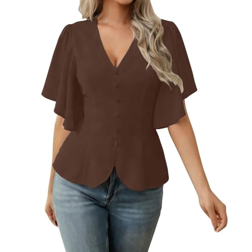 Womens Dressy Tops Casual Ruffle Short Sleeve Henley V Neck Blouses with Buttons Fashion Summer Work Vacation Shirts Coffee