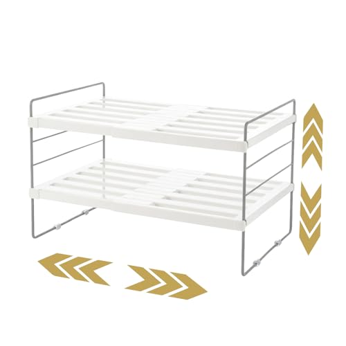 Image of M.J COMFY-LIFE Expandable Cupboard Organiser, 2-Tier Adjustable Kitchen Shelf Rack for Plates, Spices, Bottles – Sturdy Countertop & Cabinet Storage Organizer, No Tools Assembly, Space Saving