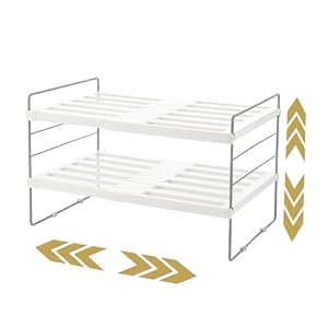 Expandable Cupboard Organiser, 2-Tier Adjustable Kitchen Shelf Rack for Plates, Spices, Bottles – Sturdy Countertop & Cabinet Storage Organizer, No Tools Assembly, Space Saving