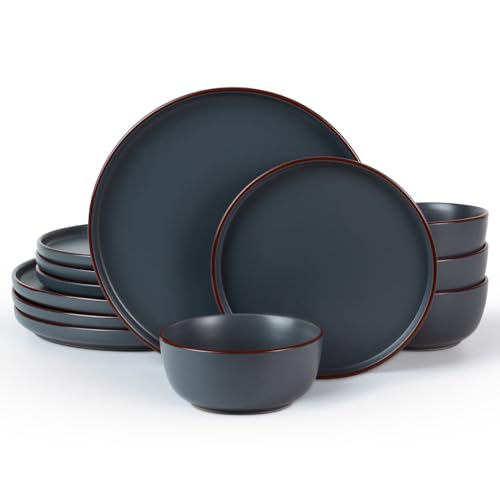 Famiware Mercury Plates and Bowls Sets, 12 Pieces Stoneware Dinnerware Sets, Dishes Set for 4, Microwave and Dishwasher Safe, Charcoal