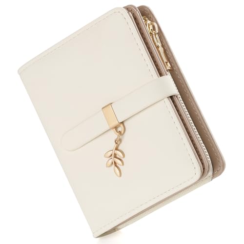 RRANCharltu Porte Monnaie Femme Cuir PU,Portefeuille Femme Blocage RFID Petit Portefeuilles et Porte-Cartes avec Fermeture éclair Poche à Monnaie et Fenêtre ID Pendentif Feuille,Blanc