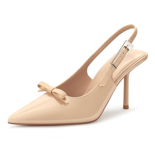 Women's Closed Pointed Toe Slingback Pumps with Bow Large Metal Buckle 3.5 Inch Stiletto High Heels Dress Shoes3