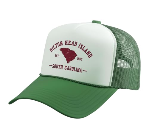 Hilton Head Island Est 1983 South Carolina Trucker Hat with Adjustable Mesh Back, Kelly Green/White