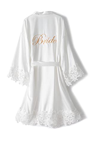 Giova Bride Bathrobe With Lace Trim Getting Ready Bridal Shower Robe Wedding Day Kimono