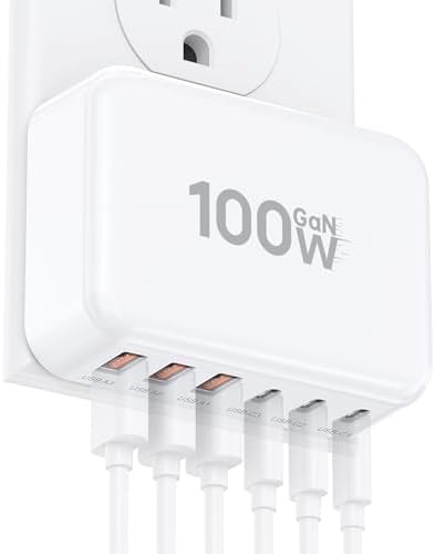 USB Charger Block, GaN 6 Port USB C Charging Station Hub Cube, 100W Multiport Type C Wall Charger Power Strip Plug with PD 3.0+QC for iPhone 17 16 15 14 13 12 1 Pro Max XR XS 8 7,Samsung S25/24, Table