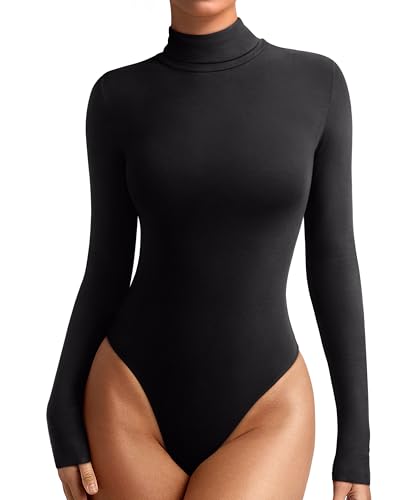 REORIA Womens Turtleneck Long Sleeve Tight Shirts Basic Tummy Control Bodysuit Thermal Underwear Tops Fall Clothes Black Onyx Medium