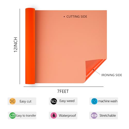 Image of RENLITONG 3D Puff HTV Matte Heat Transfer Vinyl Roll 12 inch x 7ft Iron on for Heat Press T Shirt for All Cutter Machine Heat Vinyl Design (7ft,3D Puff Orange)