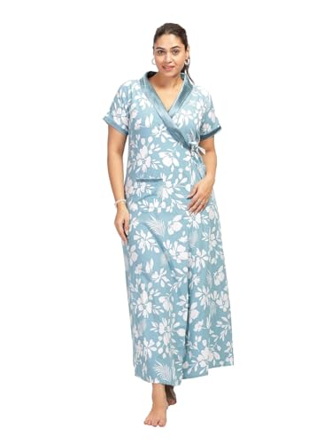 Image of 9shines Label Stylish Cotton Nighty Robe for Women | Front Open Floral Housecoat | Wrap Nighty with Pocket | Adjustable Waist Tie | Plus Size Housecoat (HC-2026)