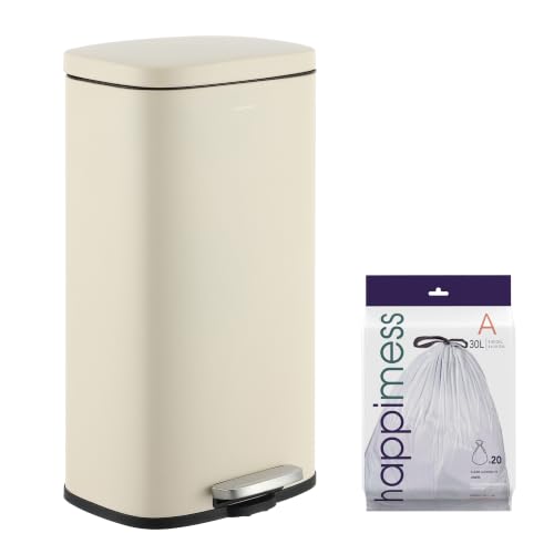 Image of happimess Curtis 8 Gal Step Trash Can Soft Close 25 inch, Limestone Beige | Iron Construction, Satin Finish, Removable Liner, Steel Pedal, 20 Trash Bags Included, Kitchen Office Bin