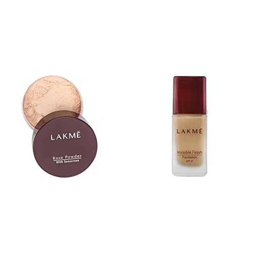 Image of Lakme Rose Loose Face Powder, SPF, 40g, Matte Finish | Lakme Invisible Finish Liquid Foundation, Shade 02, 25ml, Full Coverage