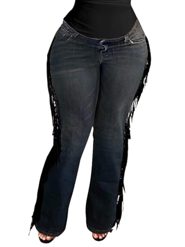 Women's Stretch Straight Leg Denim Jeans with Side Fringe Tassels, Dark Blue Wash, Streetwear Style (US, Alpha, X-Large, Regular, Regular, Dark Blue)
