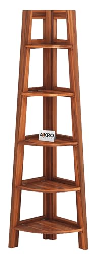 Image of Sheesham Wood Corner Shelf for Living Room Bedroom Home | 5 Tier Corner Bookshelf | Wooden Ladder Bookcase Display Unit (Honey Finish)