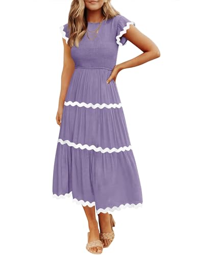 ZESICA Womens Summer Casual Smocked Midi Dress 2026 Flutter Short Sleeve High Waist Tiered Flowy Boho Vacation Dresses,Purple,Medium