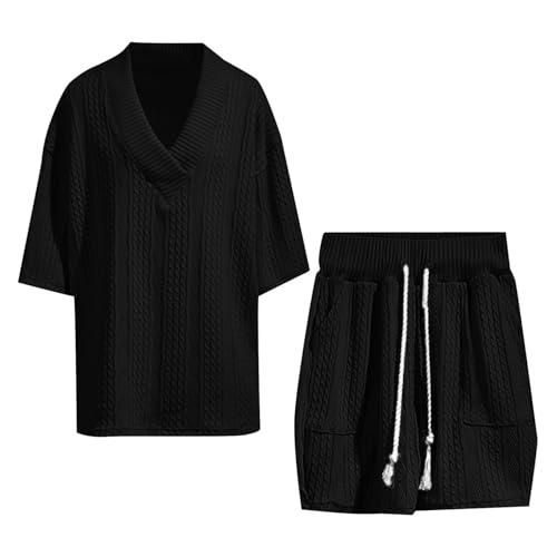 Cute Beach Outfits for Women Men Jacquard Casual Sets Summer Loose Short Sleeve Shorts V Neck Sport Two Piece Outfits2