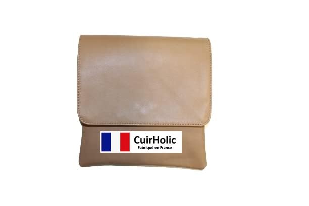 Pochette bandoulière rabat cuir agneau véritable sac camel femme taille S