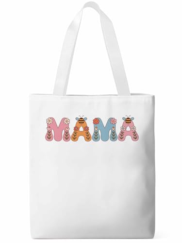 Canvas Tote Bag for Women,MAMA Flower BeeFloral Cartoon Style