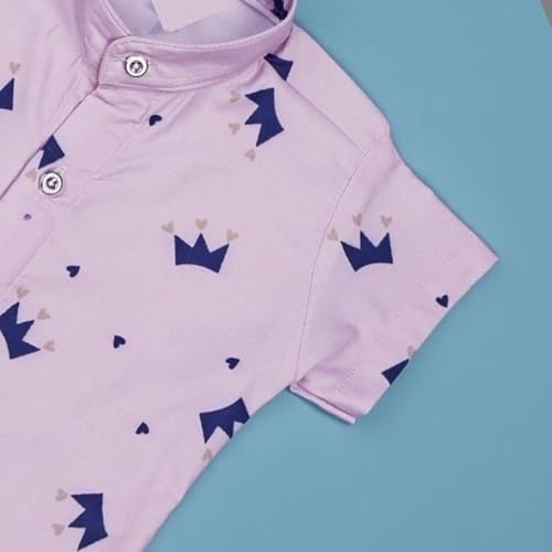 Image of Vikita Enterprise Kid Boy's Hosiery Cotton Blend Printed Cord Set with Mandarin Collar Short Sleeve Shirt and Side Pocket Elastic Waistband Closure Short Pant with Tie