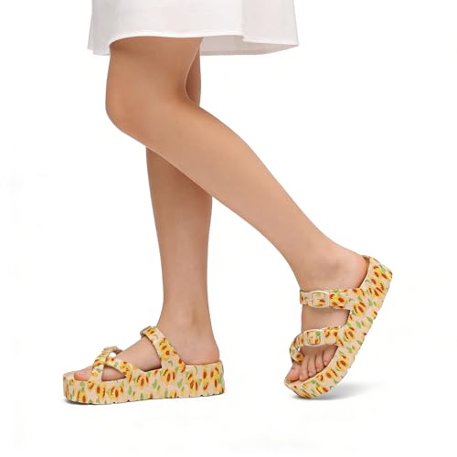 Image of TIKVAW Womens Arch Support Platform Sandals Comfort Slides Thick Soles Flat Sandals With Adjustable Buckle & Ultra Cushion