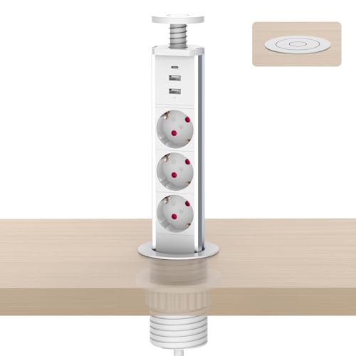 Meisax Multipresa da incasso Blocco PD 20 W Ricarica Rapida con 3 Prese 2 USB-A e 1 USB-C Cavo 1,8 m, Ø 60 mm Presa a scomparsa Piano di Lavoro per Cucina Ufficio Camere Soggiorno (Bianco)