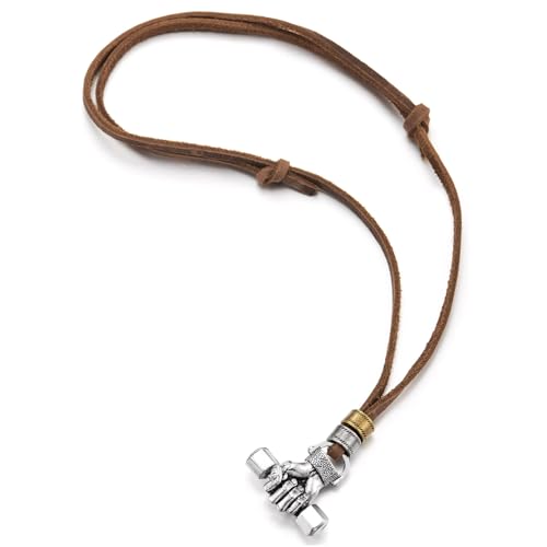 COOLSTEELANDBEYOND Fist Grip Barbell Pendant Necklace Dumbbell, for Men with Adjustable Brown Leather Cord
