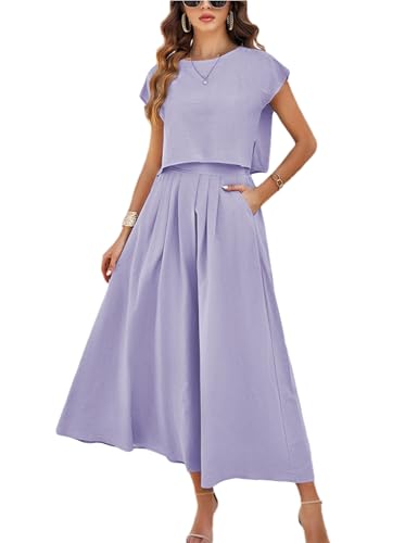 Image of HangNiFang Summer Skirt Sets Women 2 Piece Outfits Cap Sleeve Top Elastic Waist Maxi Dress Sets with Pockets