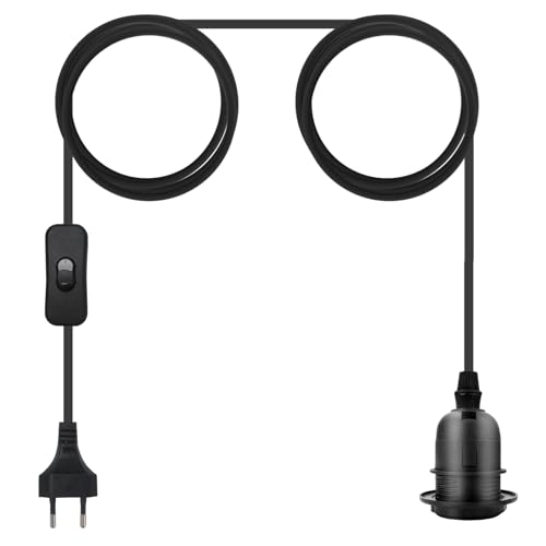 Lámpara colgante enchufable, luces colgantes de 14.8 pies, cable negro, casquillo E26, perfecto para bricolaje, granja, pasillo, escalera, cocina (negro + PVC + interruptor de encendido/apagado)