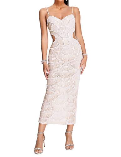 BELLA BARNETT Pearl Spaghetti Strap Garden Party Cutout Sequin Cocktail Elegant Dress