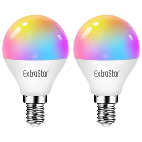 EXTRASTAR G45 E14 Smart Bulb, Alexa Light WiFi LED Golf Ball Bulbs, 6W 600lm, WiFi RGB Color Dimmable Multicolor + Warm or White Light, Compatible with Alexa and Google Home, Pack of 2