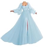Puffy Sleeve Prom Dress Sweetheart Tulle Ball Gown Slit Formal Evening Gowns Princess Wedding Dresses Light Blue Size 4