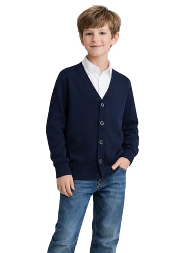 HILEELANG Young Boy Girl School Uniform Cardigan Sweaters Navy Blue V-Neck Basic Solid Button Knitted Cardigan Size 10
