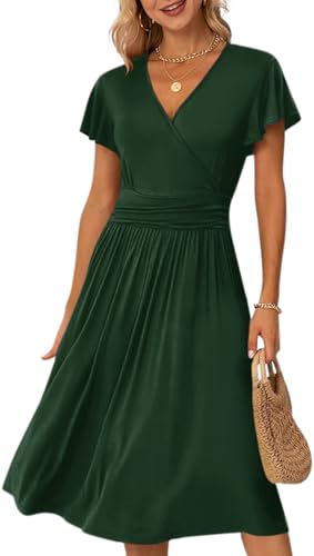 Image of Women's Casual Summer Dress V Neck Short Sleeve Flowy Stretchy Comfort Fit for Daily Wear Work Midi Dresses