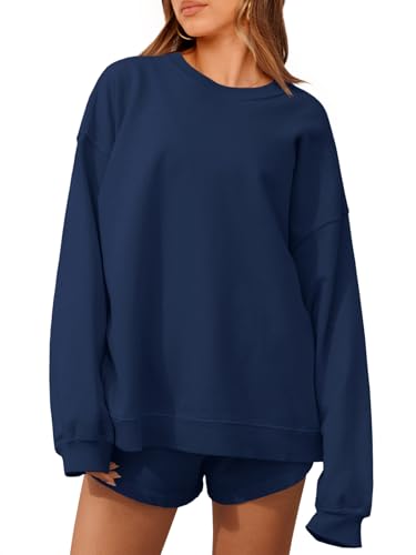 Tankaneo Womens Oversized 2 Piece Outfits Sweatsuit Casual Long Sleeve Crewneck Sweatshirts Sweat Shorts Fall Lounge Sets