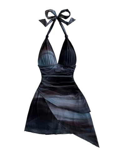 Image of SOLY HUX Women's Y2K Summer Beach Halter Mini Dress | Retro Floral Dress, V Neck, Backless, Club Nightout, Sexy Going Out Clothes, Birthday Dress