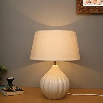 Homesake Home Traditional Ribbed Strip Pattern Ceramic Table Lamp for Living Room Table Desk Lamp with Shade (Beige)