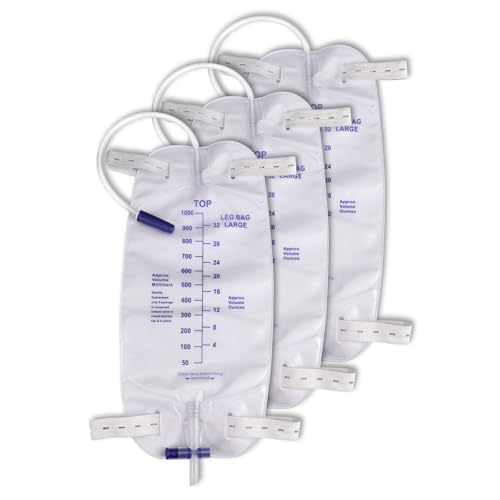 3 Pack Easy-Tap Catheter Leg Bags for Men and Women, 1000ml Urine Drainage Bags with Anti-Reflux Valve, Cloth Straps Foley Catheter Supplies