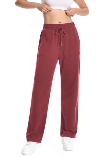 Travel Baggy Cotton Barrel Sweatpants Flare Lounge Pajama Open Bottom Flare Snow Sweat Women Pants Casual Stretch Running Athletic Workout Joggers Loose Hiking Yoga Pants for Women Brick Red M