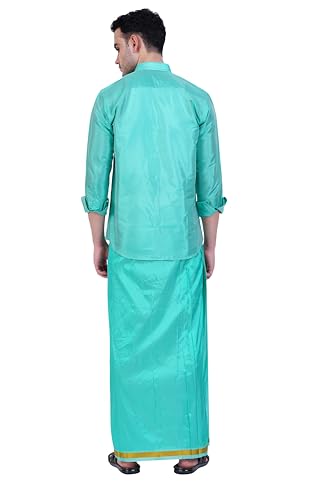 Image of PRAKASAM COTTON-Mens Art Silk Wedding Set /Art Silk 8 Mulam (8-Yard) Dhoti and Stitched Shirt for mens