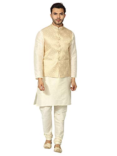 Image of Uri and MacKenzie Men's Silk Blend Kurta Pyjama Set And Nerhu Jackets (Unm-Cream -Parent 42 Gold)