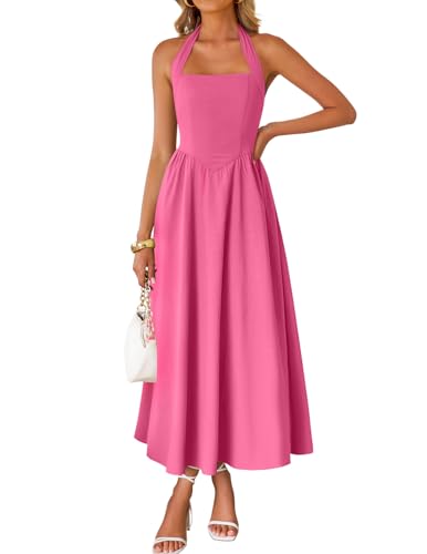 ZESICA Ärmelloses Neckholder-Midikleid für Damen, schulterfrei, hohe Taille, schwingend, fließend, Strand, lange Kleider, hot pink, Groß