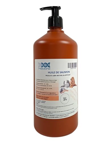 1L Huile de Saumon 100% Naturelle pour Chiens, Chats et Chevaux, Riche en Oméga 3-6-9 et Vitamine (1000ml)