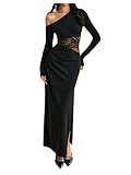 GORGLITTER Women's Lace One Shoulder Bodycon Maxi Dress Ruched Long Sleeve Asymmetrical Neck Long Patchwork Dresses Black Large