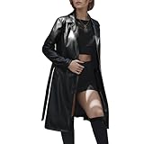 VANGULL Women Trench Coat Long Jacket PU Leather Classic Lapel Coat with Belt, Black X-Large