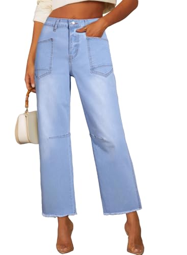 SHEWIN Straight Leg Jeans for Women High Waisted Stretchy Jeans Wide Leg Ankle Denim Pants with Pockets