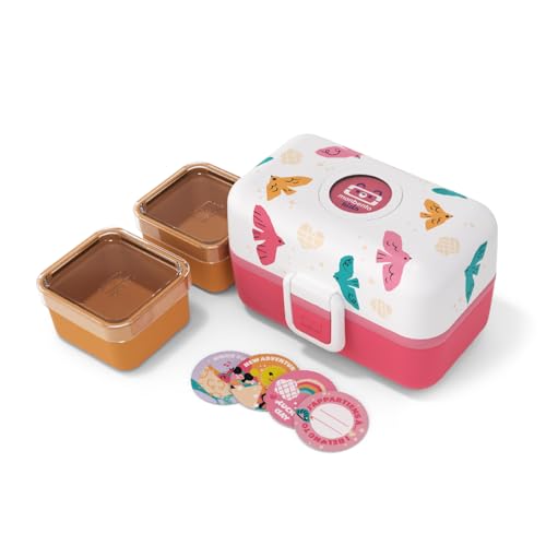 monbento - Kids Bento Lunch Box MB Tresor Pink Birds - 3 Compartment - Ideal for Travels, Picnics, Activities – Customizable Birds Lunch Box Kids - BPA Free & Sturdy – Pink