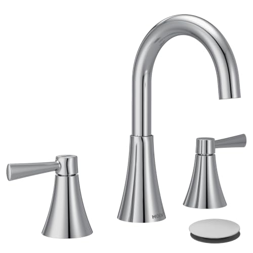 Image of Moen 84023 Ronan Two-Handle Widespread Bathroom Sink Faucet, Valve Included, Chrome, Modern 3-Hole Faucet with Push-Down Drain Assembly