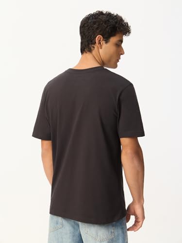 Image of The Souled Store S.W.Smiley: Happy Desi Men and Boys Short Sleeve Round Neck Charcoal Grey Embroidered Cotton Relaxed Fit Breathable Summer Streetwear Graphic Print Indian Styled T-Shirts