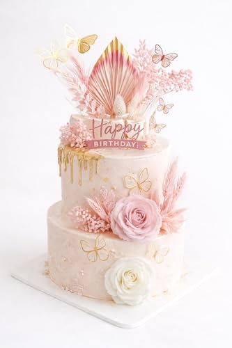 Cake Topper Set with Dried Flowers Gold Butterflies Happy Birthday Toppers Artificial Roses Palm Spears Cake Decorations for Birthday Wedding Party Pink Cake Decor