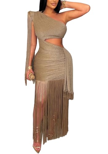 Women's Sexy One Shoulder Fringe Dress Sleeveless Cut Out Bodycon Birthday Party Tassel Maxi Dresses