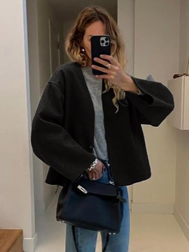 HOTIAN Women Cropped Wool Blend Coats Long Sleeve Coat Jacket Peacoat Fall Winter Outwear Overcoat Black3