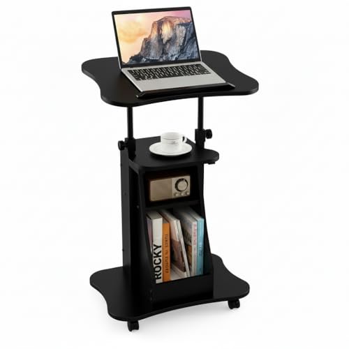 Tangkula Mobile Lectern Podium, Height Adjustable Podium Stand, Standing Sit-to-Stand Desk, Rolling Cart Laptop Desk with Swivel Top Movable Wheels & Storage